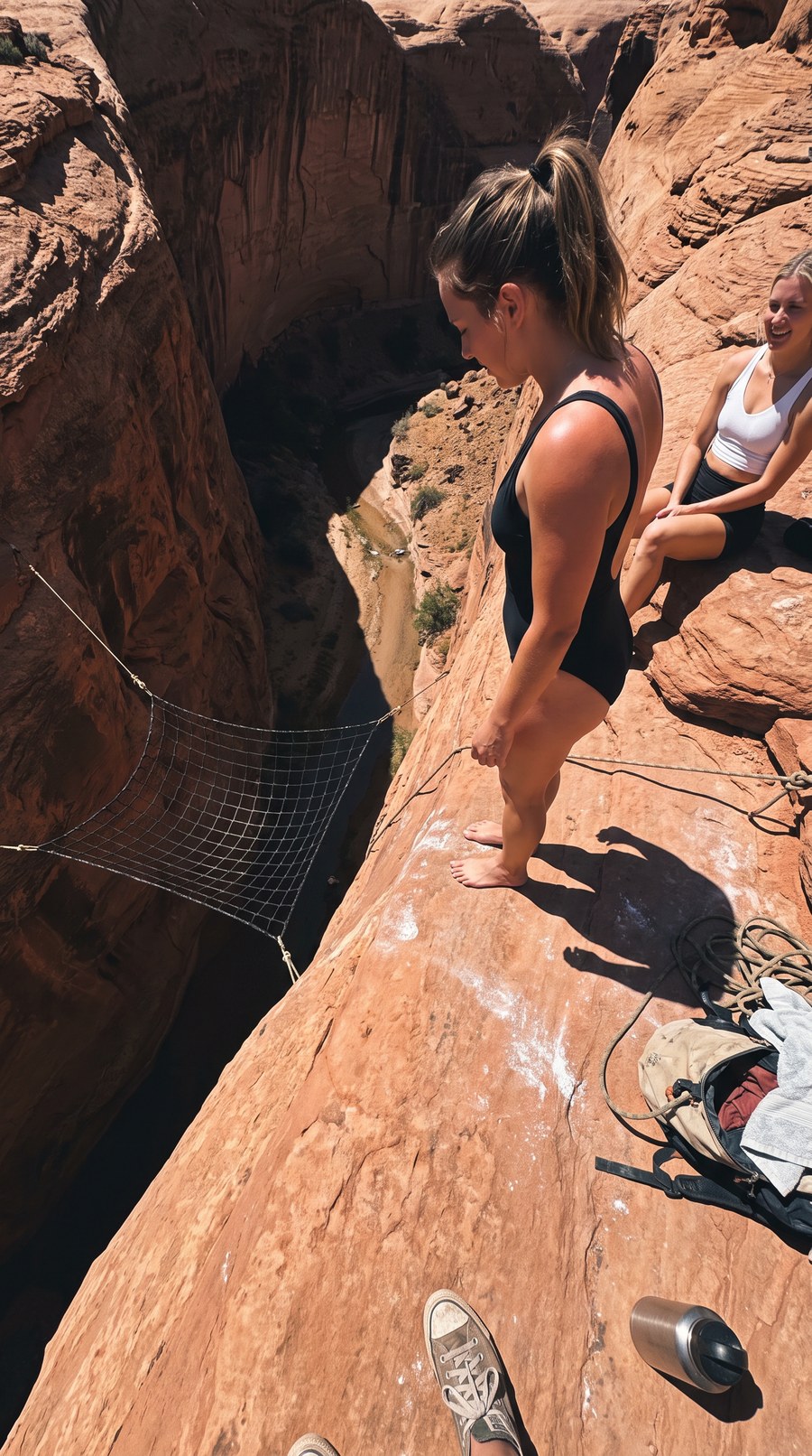 Output — the start frame. Bare feet on the lip, the black net twenty meters down, the friend behind her, chalk and a sneaker at the bottom edge. Every object in this frame is a promise the video has to keep.