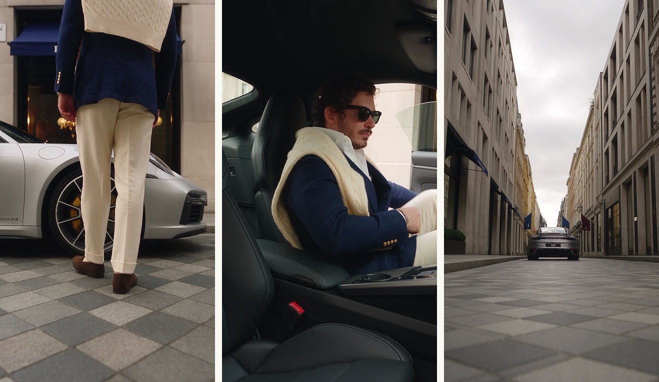 Three moments from the generated film — the walk to the fender, the flush handle deploying, the coupe receding down the street. Same man, same outfit, same car in every frame.