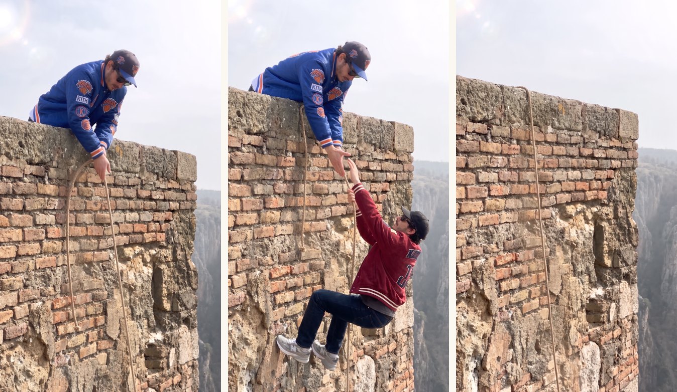 Three frames from the generation — Stage 2 (the solo rope pull), Stage 3 (the hand grab, feet already off the bricks) and Stage 4 (the blue-jacket man tipping over the parapet). The full clip plays below.