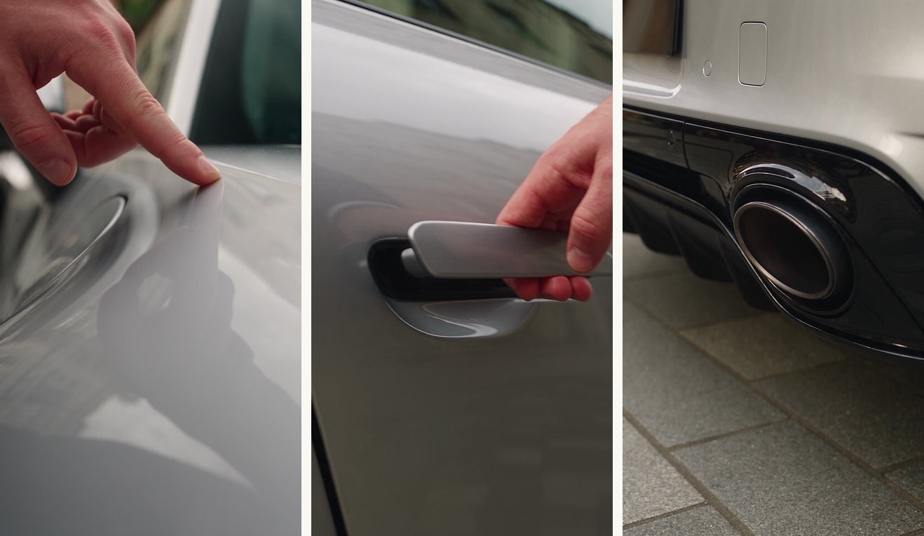 The macro shots the prompt is built on — fingertips on the fender, the flush handle, the twin exhausts. Each is a sound before it is an image.