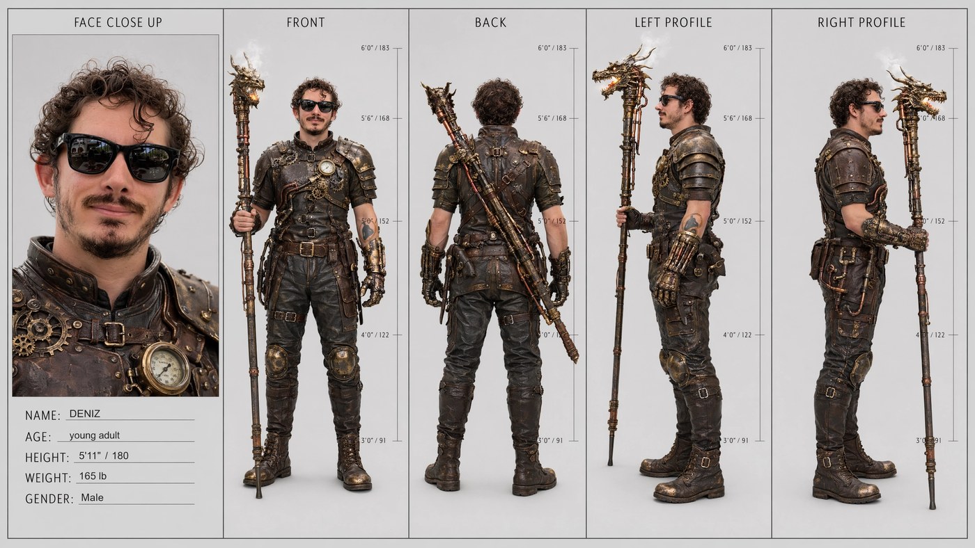 DENIZ — the steampunk hero sheet. Same face, same sunglasses, same tattoo across all five panels.