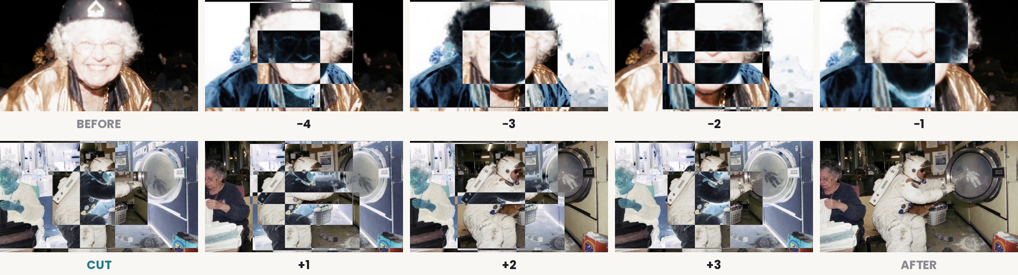 Cut 11, frame by frame. Coverage arrives four frames early, the cut lands under it, and three frames later it is gone. The checkerboard is overlapping white shapes cancelling each other out.