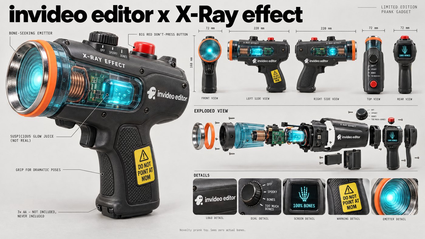 The prop in the demo clip: dial set to BONES, sticker says DO NOT POINT AT MOM, sees zero actual bones. Not required — a hairdryer, a TV remote or a finger gun works just as well.