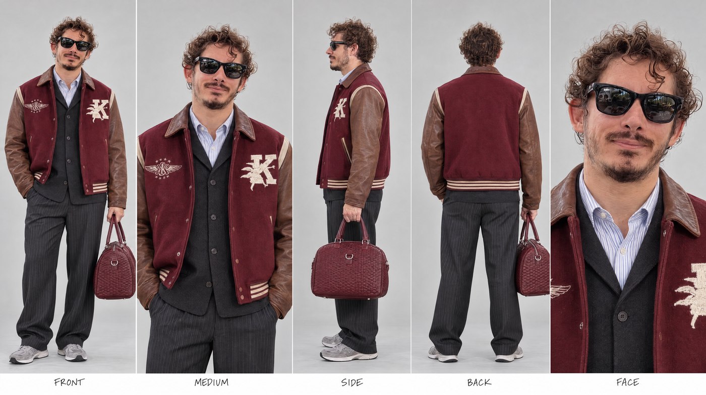@Image 1 — the lead. A five-view sheet (front, medium, side, back, face) of one outfit: burgundy varsity jacket, brown leather sleeves, cream K patch, black sunglasses. The prompt tells the model to ignore the panel grid, the labels, the studio background and the bag.