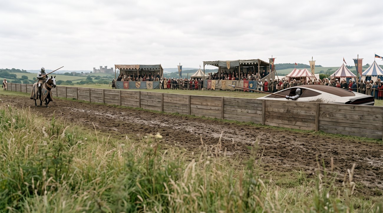 @Image 1 for the video — the horseman in the near lane, the car behind the barrier.