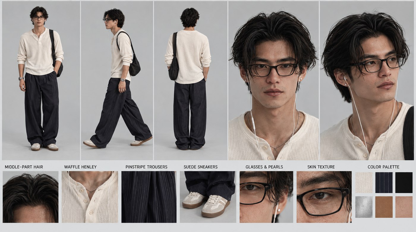 GPT Image 2.5 · 16:9 — Pearl studs from the face, glasses and earphones from the outfit, one identity.
