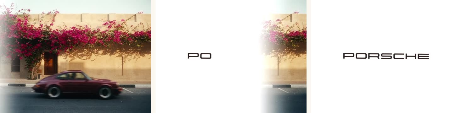 Locked-off profile, the coupe crossing, the street wiping to off-white behind its tail — and the wordmark standing alone.
