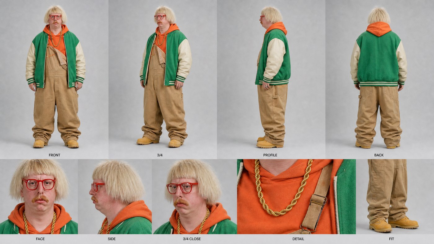 Example 3 — blond bowl cut, red glasses, varsity jacket over overalls.