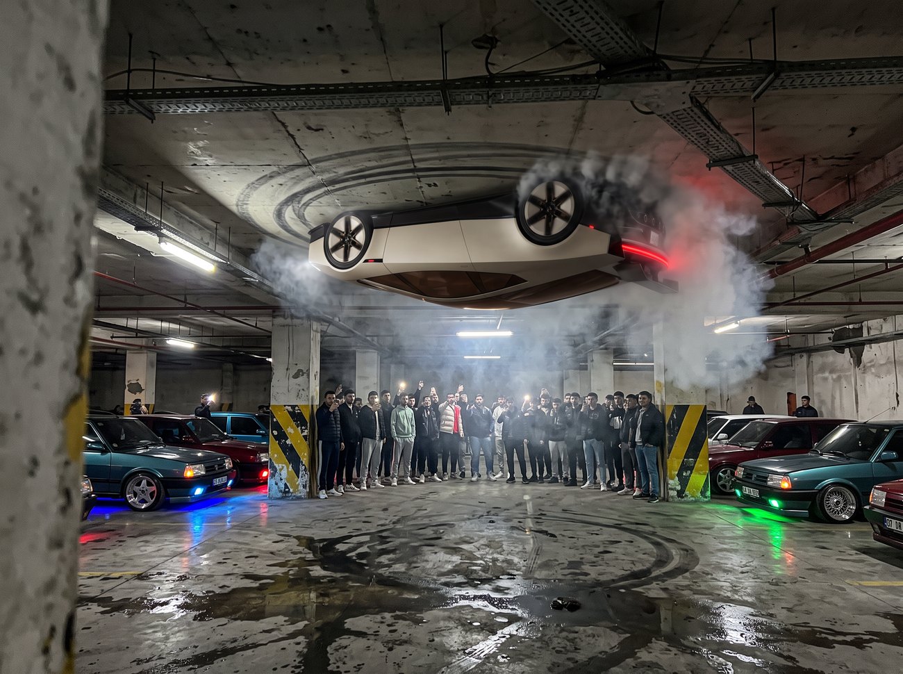 @Image 1 for the video — the ceiling donut, tire smoke falling on the crowd.