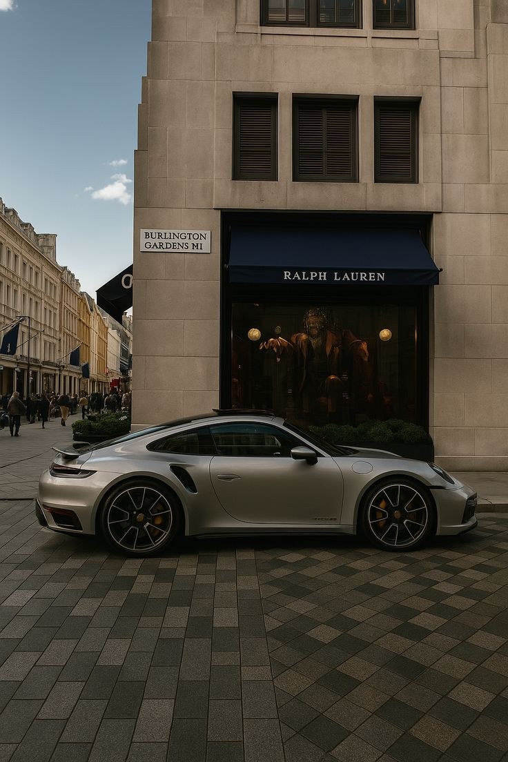 @Image 2 — Environment and car. Navy awning, limestone facade, granite setts, silver flagship coupe with yellow calipers. Signage is pushed out of focus by the STYLE line.