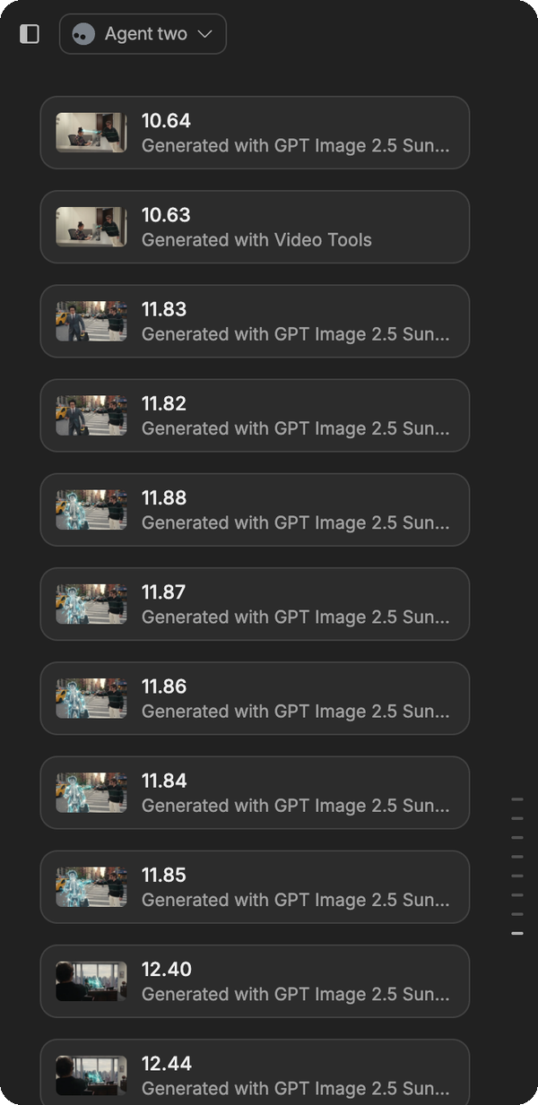 The agent’s output list — every entry is a separate edit of a separate source frame, never a copy.