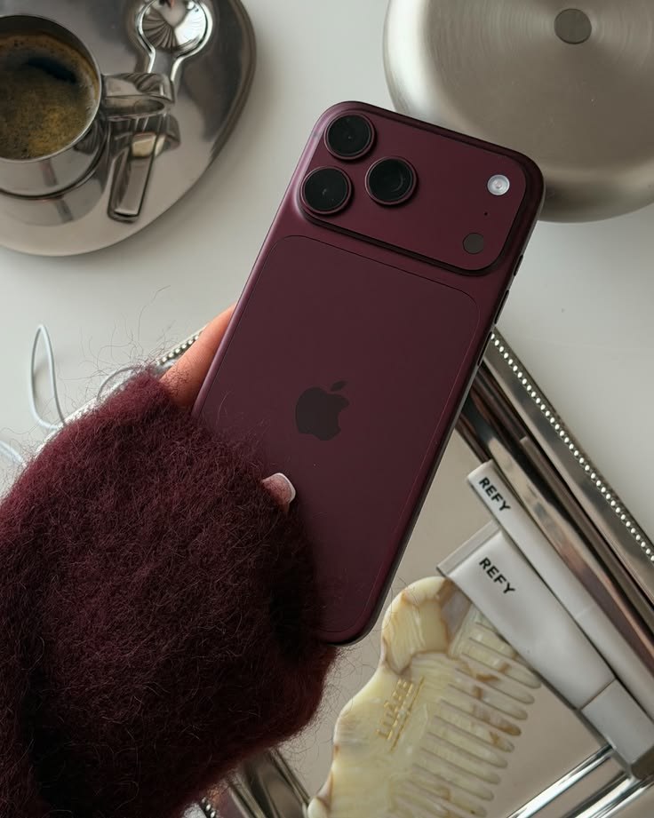 @image2 — the phone: the burgundy smartphone with its raised camera plateau; glove, cup and comb ignored.
