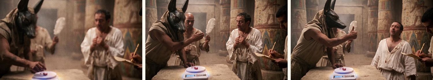 Scene 08 — three frames from the cut used in the final film.