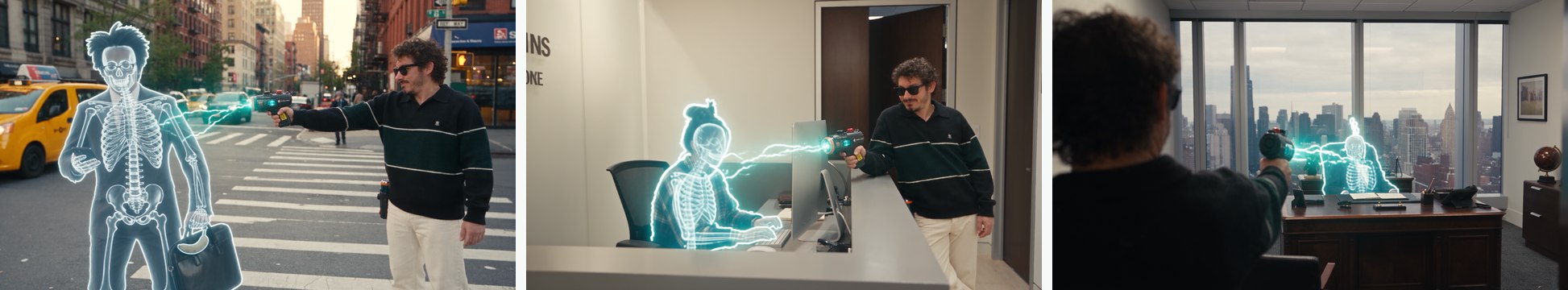One frame from each hit: the crosswalk, the reception desk, the corner office. Same pose and background as the source frame, bones and sparks added.