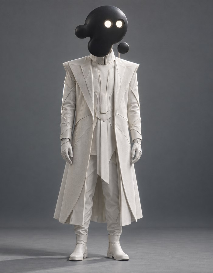 @Image 2 — TYPE A. Off-white structured coat, white boots and gloves, matte black multi-lobed helmet with two glowing eyes and a small sphere on a stem at the neck.