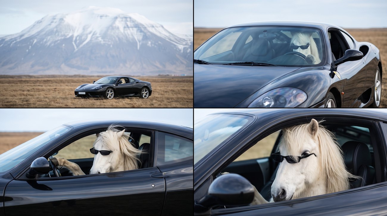 Reference 2 — the horse &amp; its black Ferrari (four-panel sheet)
