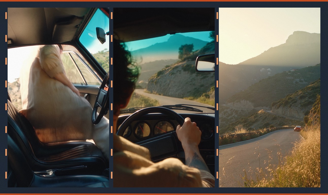 The second act in three beats — the seat drop, the wheel, the golden climb. Same wind, same light, same left-to-right law.