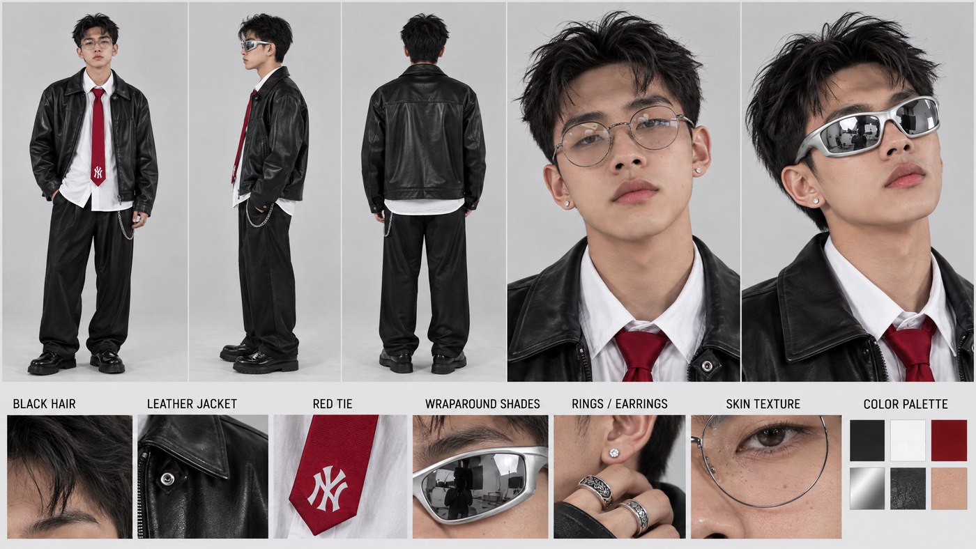 His face comes only from Image 1 — round wire glasses as identity, chrome shades as wardrobe.