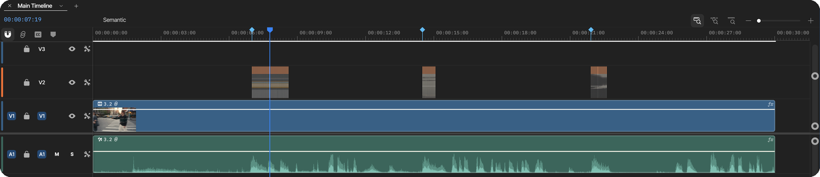 Three dense blocks of one-frame images on V2 — one per hit — above the untouched clip on V1 and the original audio on A1.