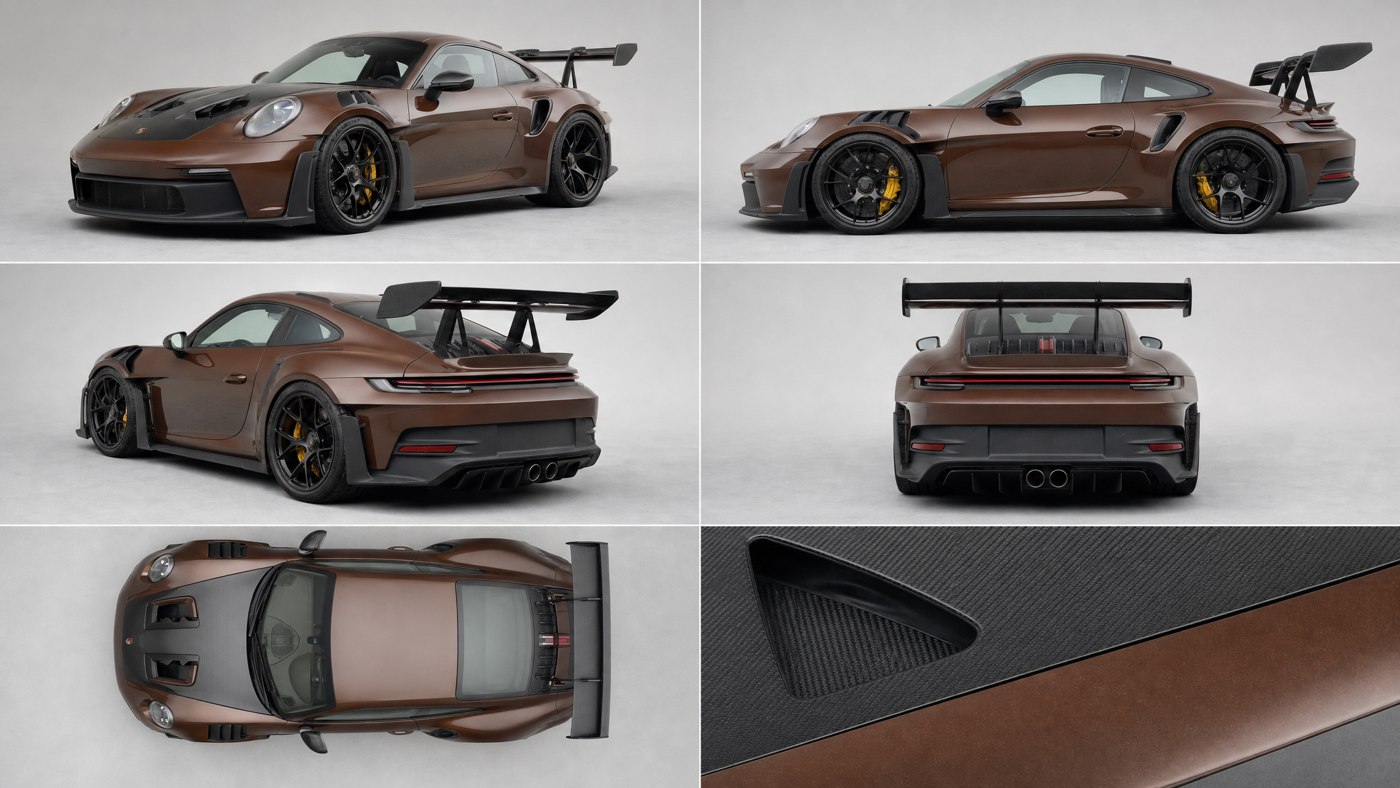 @Image 2 — the six-panel GT3 RS sheet: chocolate paint, carbon hood and swan-neck wing, black wheels, yellow calipers, red light bar. One car, six angles; the grid is ordered ignored.