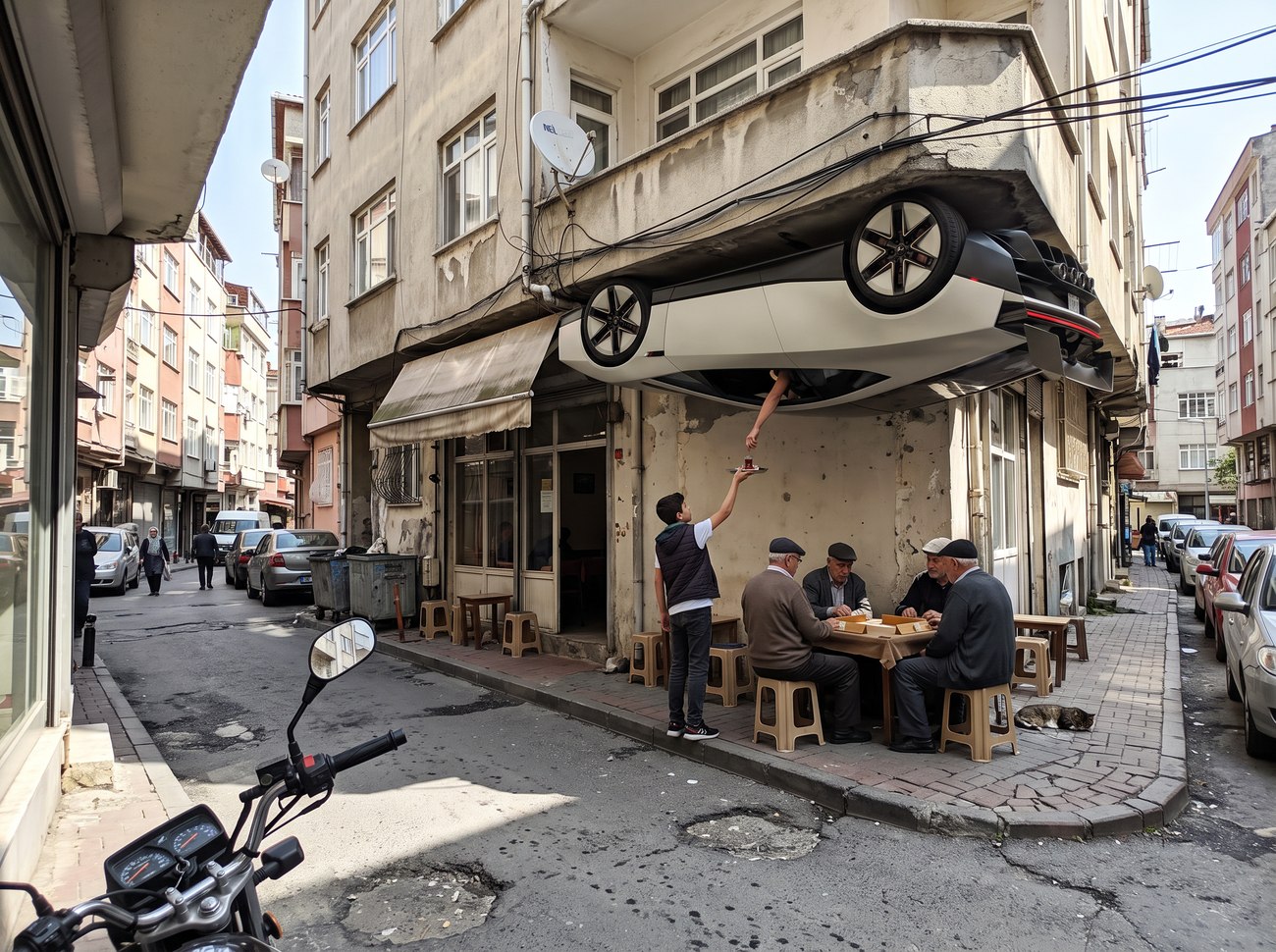 @Image 1 for the video — the coffeehouse corner, a motorcycle mirror in front of the lens.