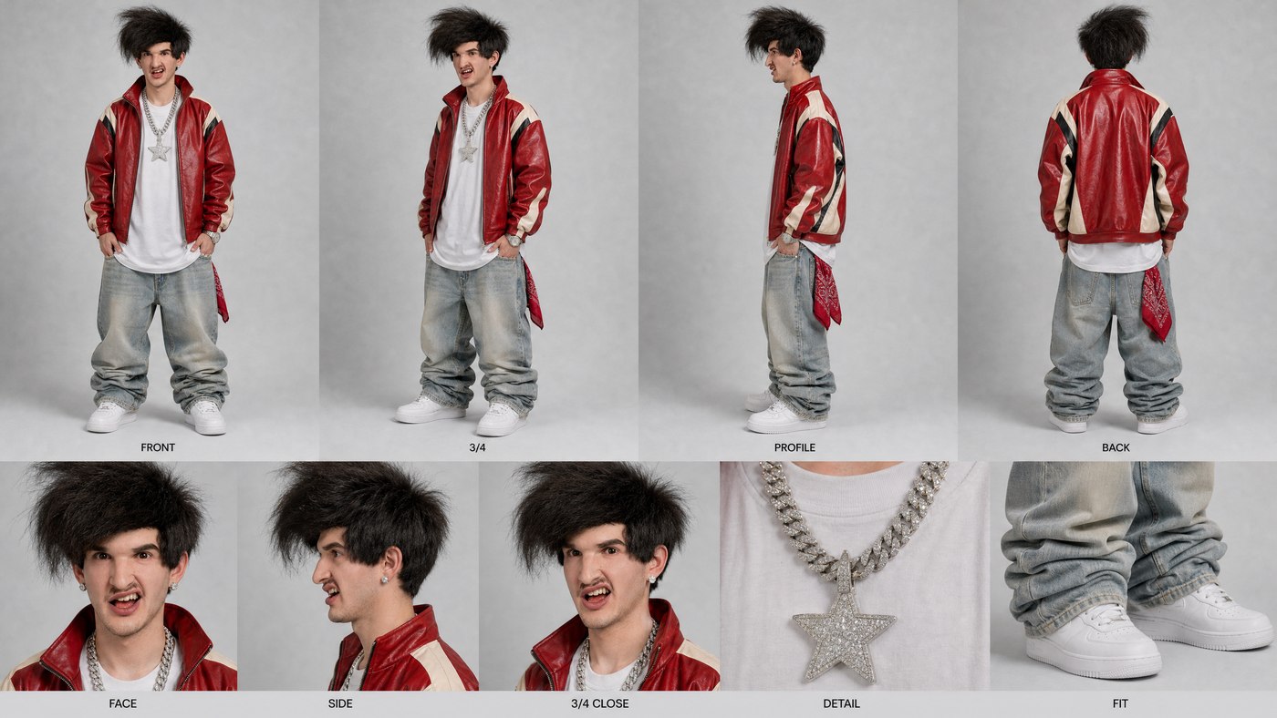 Example 2 — the big-haired kid in the red and cream leather jacket.