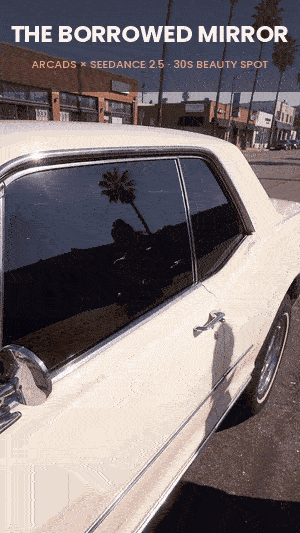 The finished film, with its title burned in. She borrows a stranger’s window to fix her lip gloss, signs the glass — and the window is cranked down on her. (Open this document in Google Docs to watch it play.)