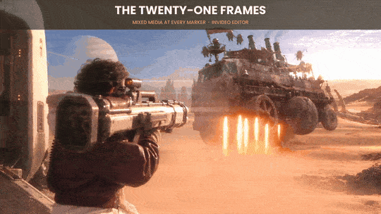 The finished film, 0:21–0:25: markers 02 and 03 back to back, 42 frames, two styles. (Open this document in Google Docs to watch it play.)