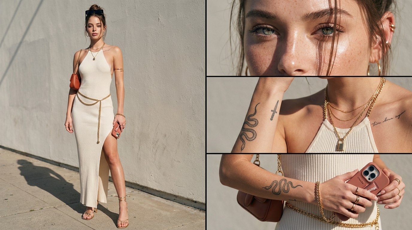 Output — the reference sheet: full body on the sidewalk, face under flash, tattoos, hands with the case. From here on, this image is “Image 1”.