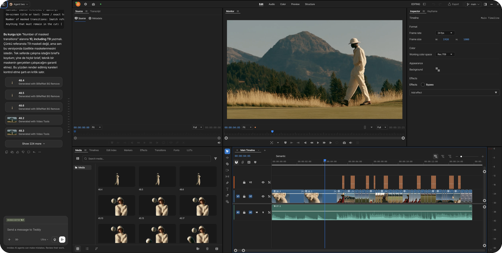 The invideo editor mid-job — agent chat on the left, the walking golfer in the program monitor, the Inspector locked at 24 fps · 1920 × 1080 · Rec.709, and the finished timeline below.