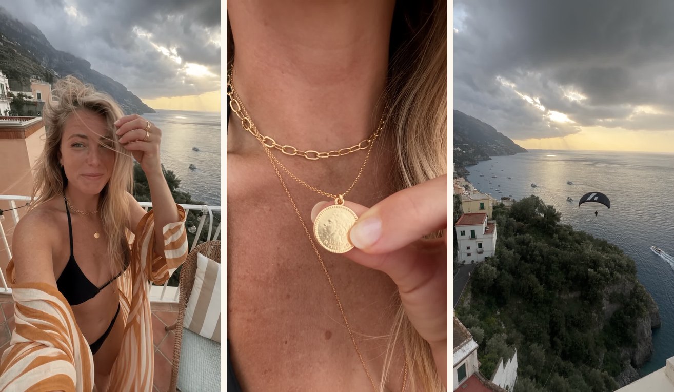 Three beats of the confession — the balcony admission, the necklace macro, and the Arcads canopy crossing the frame at second 19.