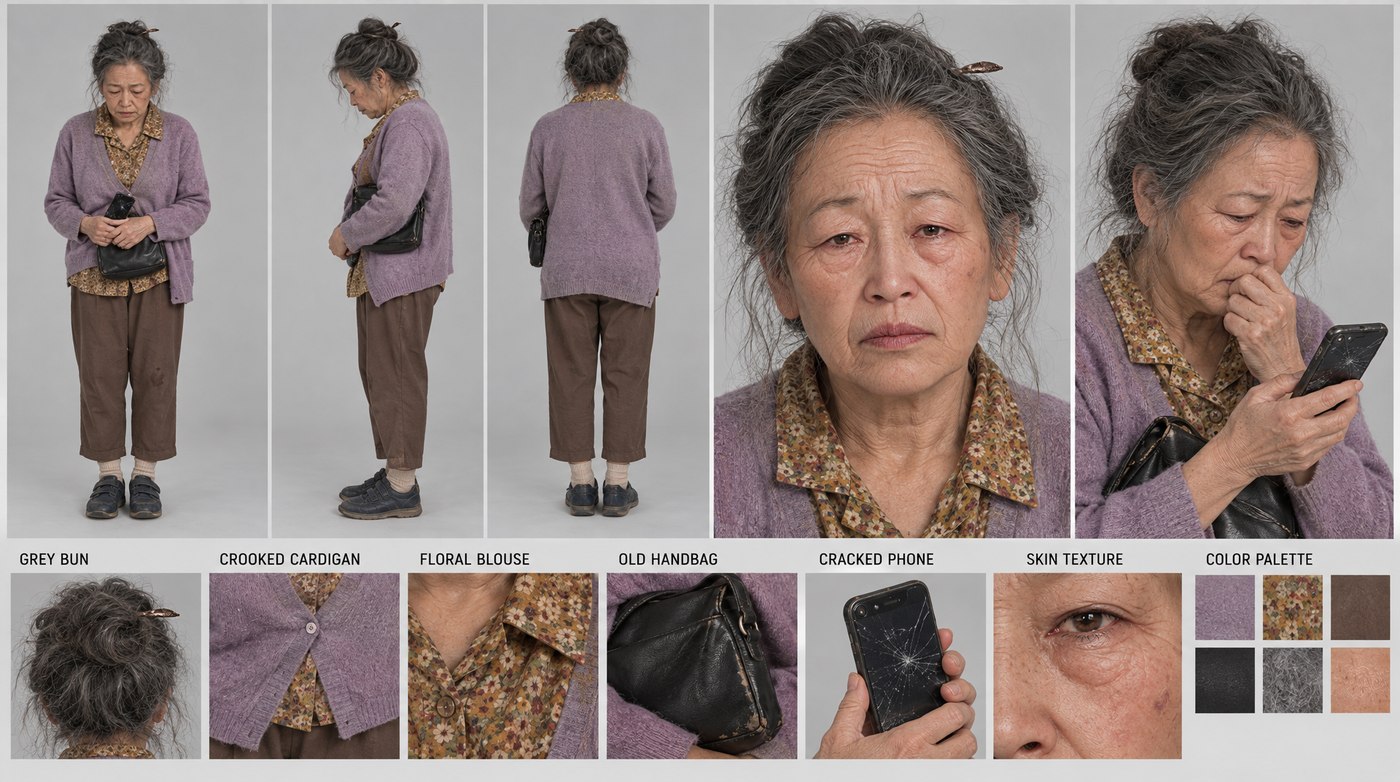 GPT Image 2.5 · 16:9 — A scam victim dressed in a hurry — the sadness is in the posture before it is in the face.