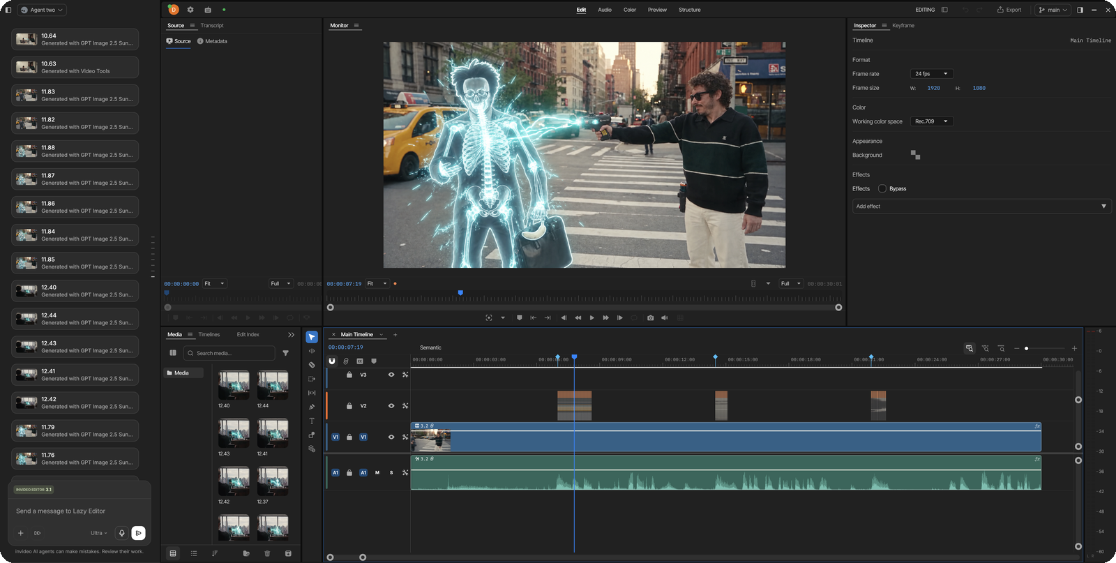 Agent panel on the left, the edited frame in the monitor, the timeline below — 1920 × 1080 at 24 fps in the inspector.