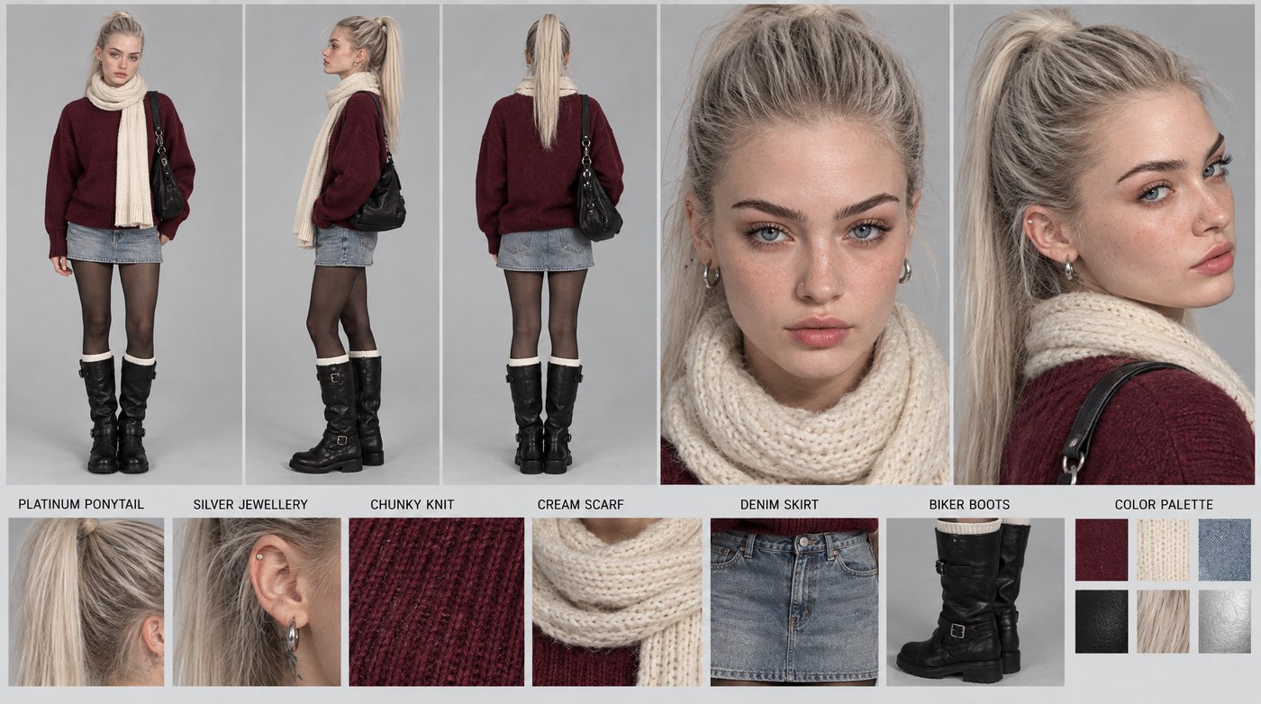 GPT Image 2.5 · 16:9 — Platinum ponytail from the face, burgundy knit from the outfit, silver added by text.