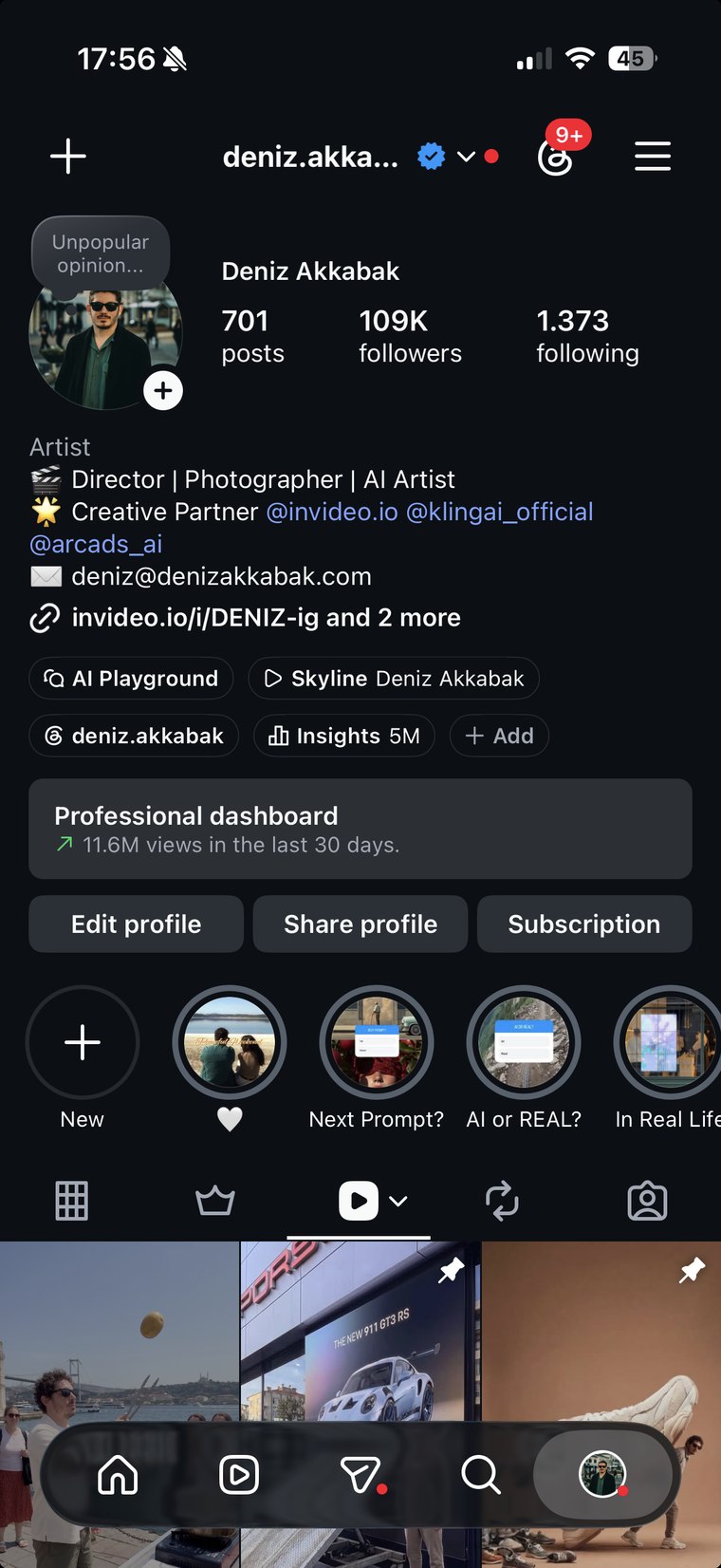 Reference 2 — phone screen content. The real @deniz.akkabak profile page, recreated exactly on the screen: layout, text, spacing, colors.