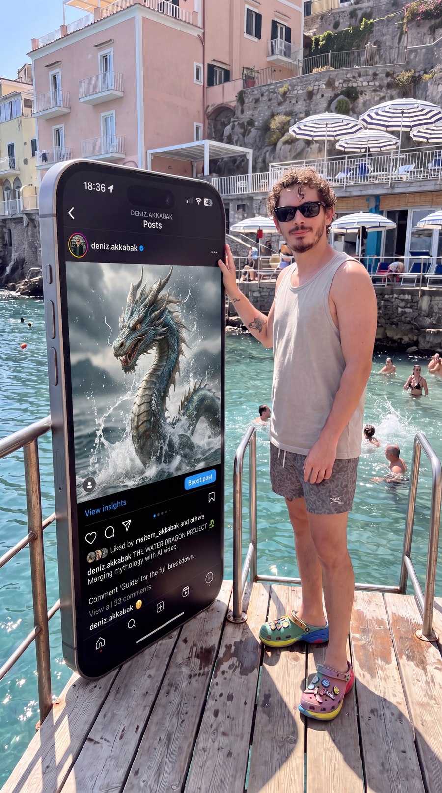 Output of Step 02 — the water-dragon post on the monolith screen, English caption, profile photo intact, one hand resting on the glass. This becomes @Image 2 in Seedance and defines the dragon's exact design.