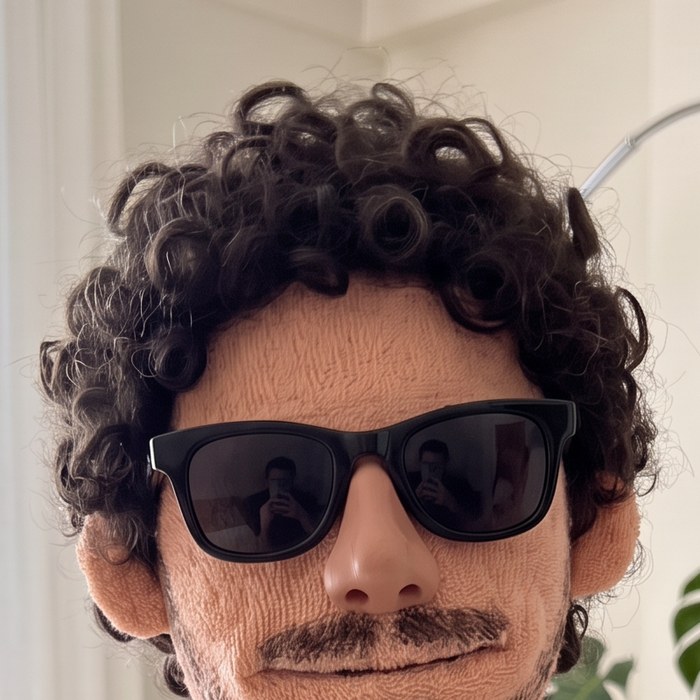 The puppet — same eye line, same mouth width, same glasses; only the material changed.