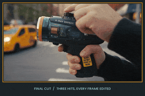 The final export — original footage and audio, with the X-ray edits riding one frame at a time on top.