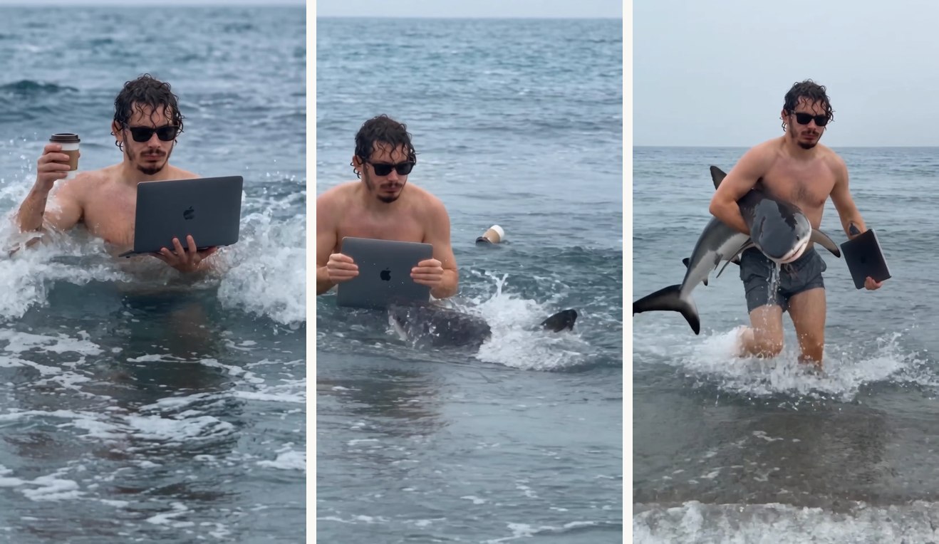 Three beats of the take — the distant sighting, the laptop defense, the deadpan exit with the shark under one arm.