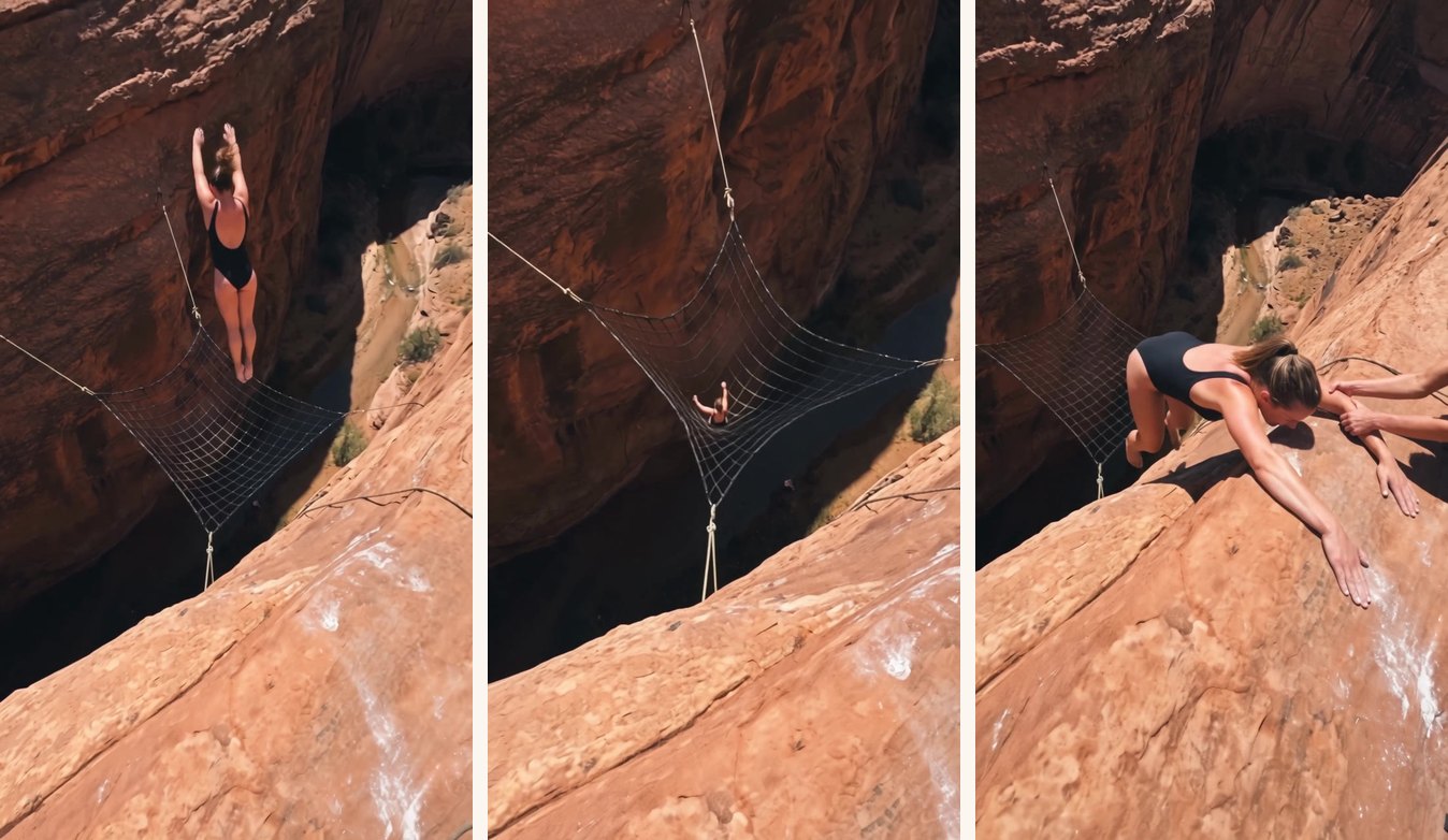 Left to right: the feet-first drop past the rock face (3–5 s), the net sinking deep in a V (5 s), the two-hand grab on the exact lip she left (9–12 s). If any of the three is missing, the take has broken its own timeline.