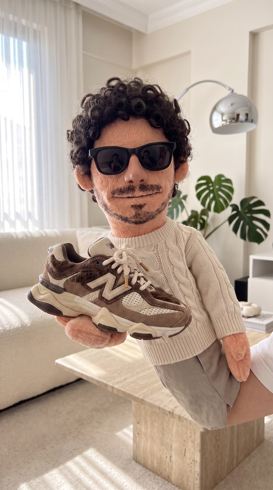 Output — the puppet portrait. Terry-cloth skin with visible knit loops, wool ringlets, a clay nose under real Wayfarers, cable-knit crewneck, the 9060 presented in a stuffed hand. This still is now Image 1 for every step that follows.