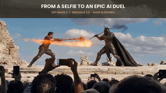 The final result — a 15-second, one-take AI duel generated with Seedance 2.0 inside invideo. (Animated preview: open this document in Google Docs to see it play.)