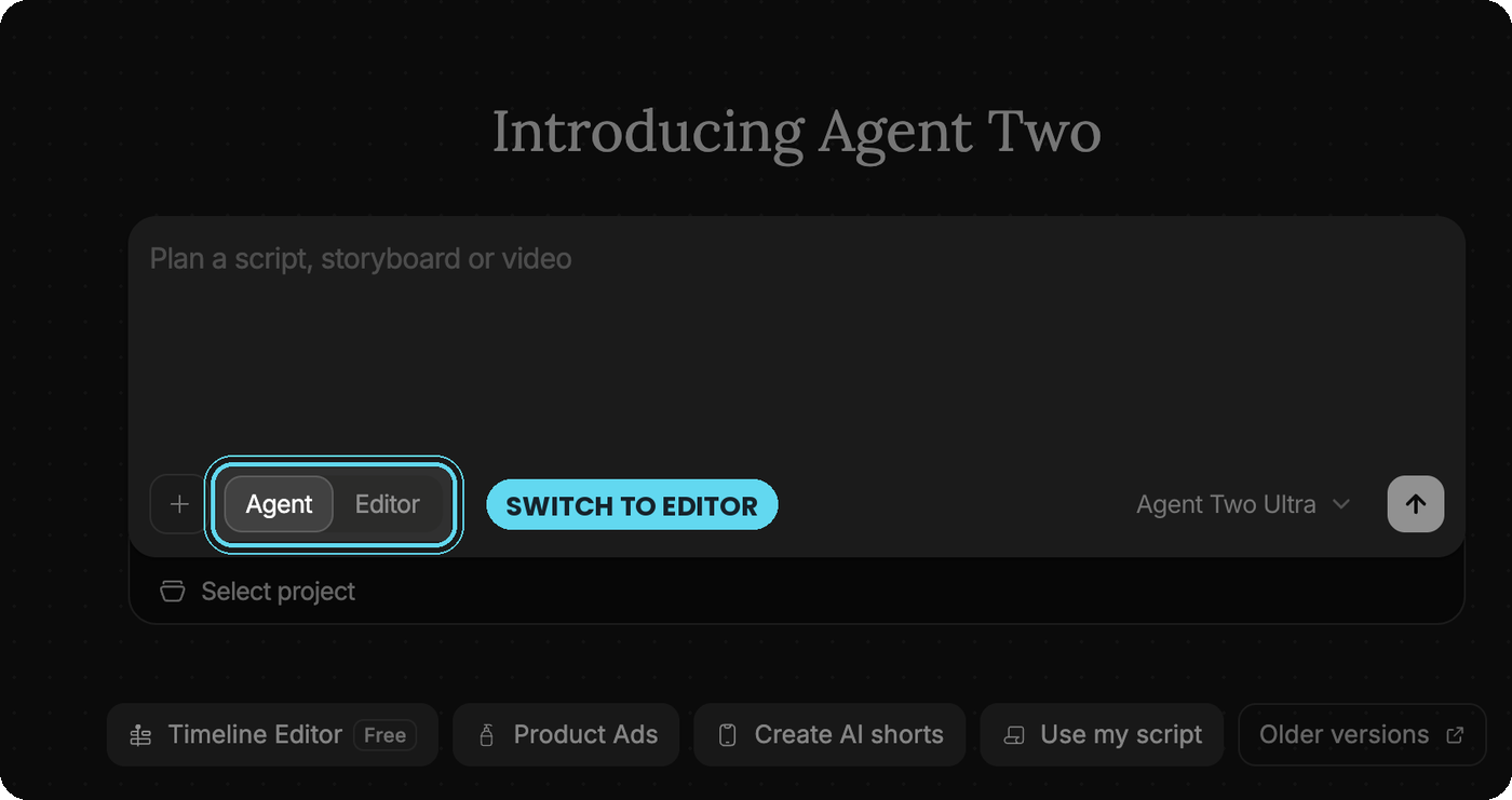 Checklist — flip the toggle under the prompt box from Agent to Editor · leave the model on Agent Two Ultra.