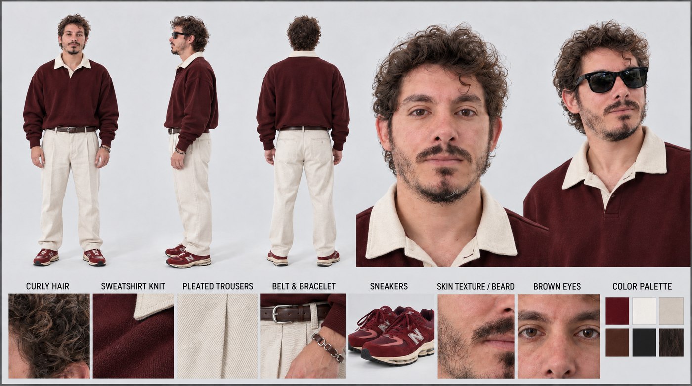@image3 — the character sheet: face, identity and the complete wardrobe, down to the bracelet on the left wrist. The grid, labels and swatches are explicitly waived.