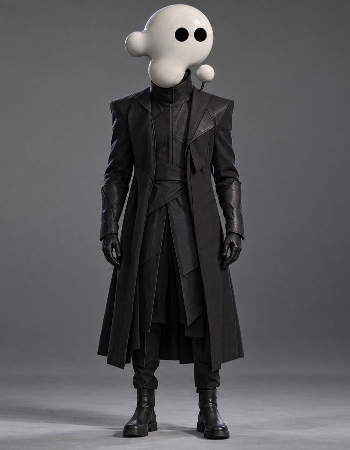@Image 3 — TYPE B. Black structured coat, black boots and gloves, glossy white multi-lobed helmet with two black eyes and a small sphere on a stem at the neck.