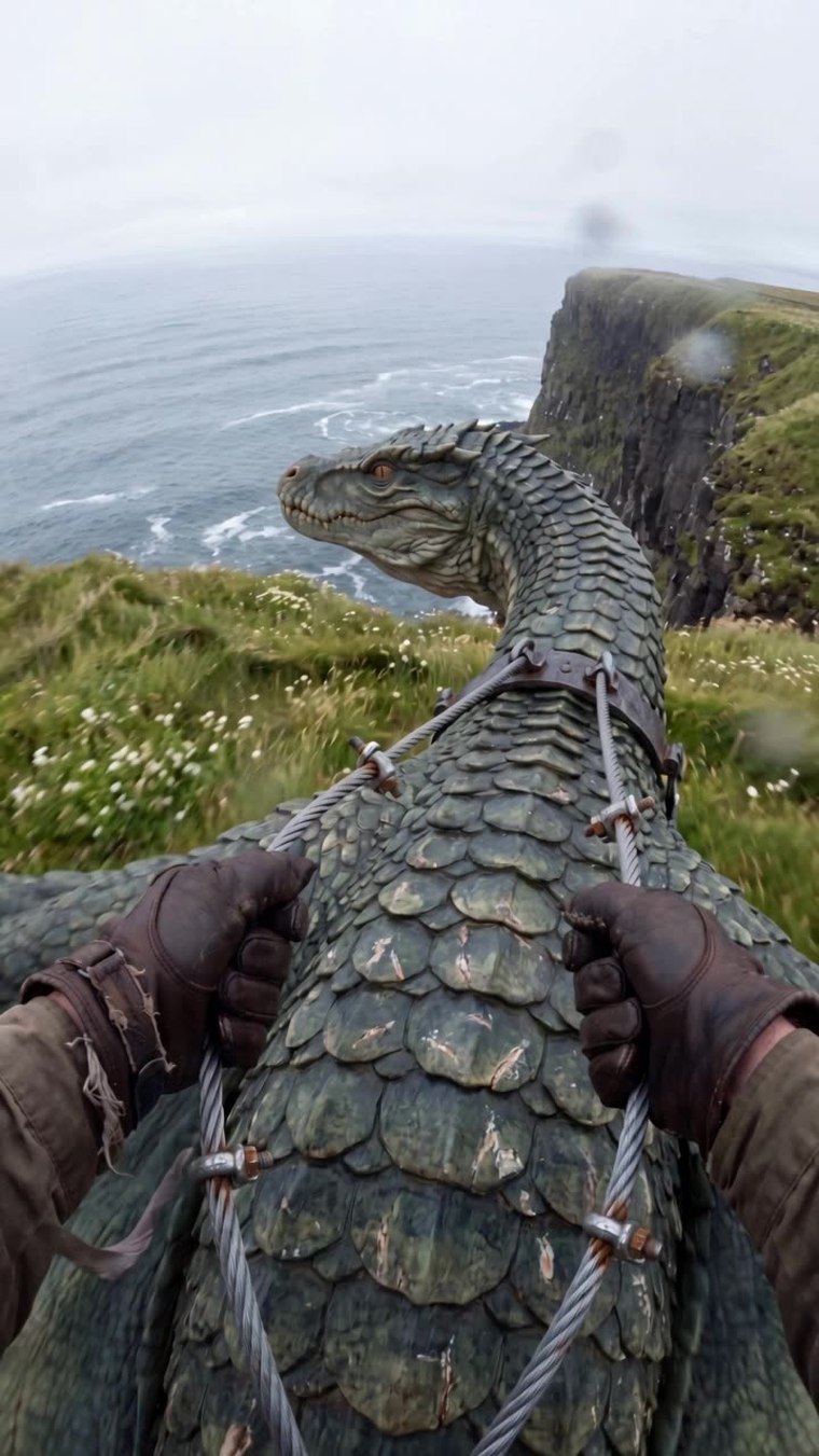 The world @Image 1 must supply — shown here as the video's opening frame, which mirrors the reference attached in invideo: chest POV, gloved hands on cables, harness clamps, grey-green scales and the cliff over a grey sea.