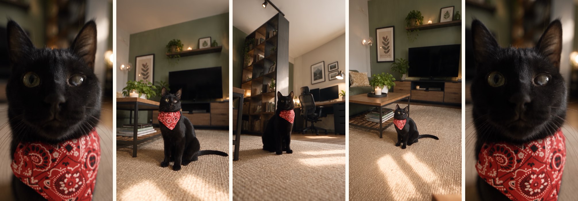 The generated shot at 0s, 1.4s, 2.6s, 4.8s and 6.9s — close-up, pull-back, the far side of the orbit, the low pass, and the return to the face. Every checkpoint sits where the master clip's does.
