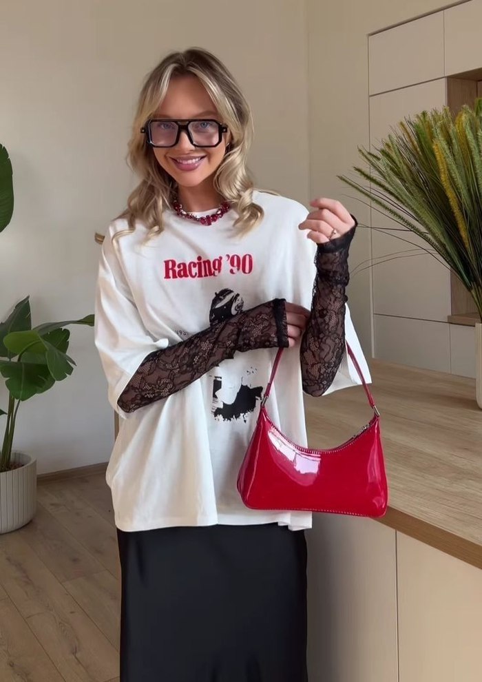 Pinterest outfit — Racing ’90 tee, lace sleeves, satin skirt