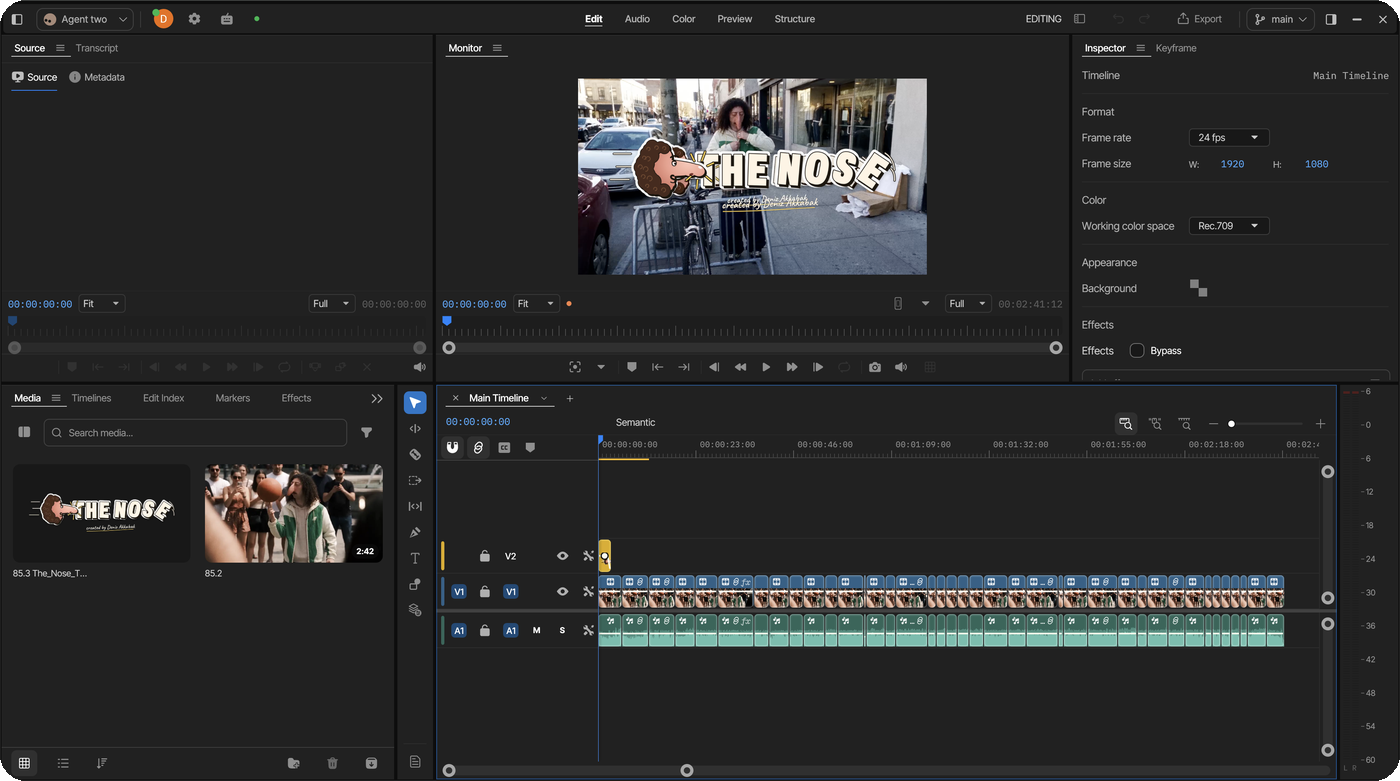 The result in the invideo Editor: the title card on V2, the clips on V1, sound on A1, The Nose in the monitor.