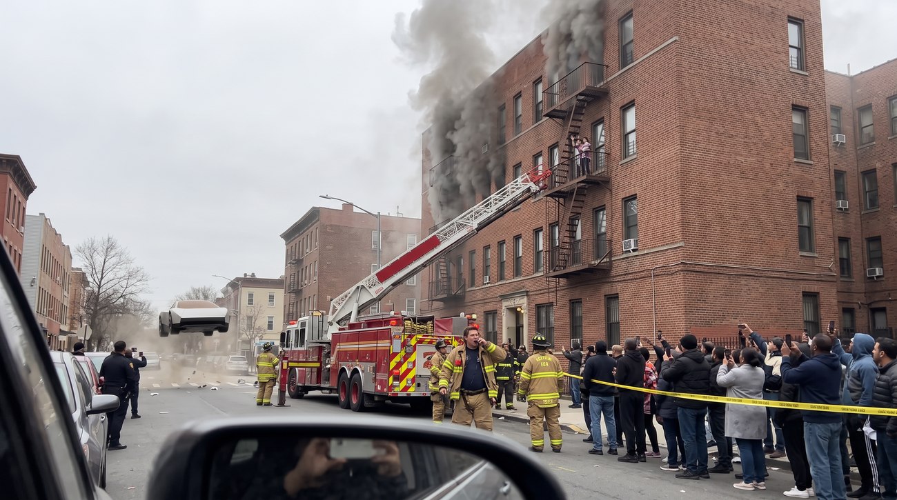 @Image 1 for the video — the burning building from across the street, mirror in the foreground.